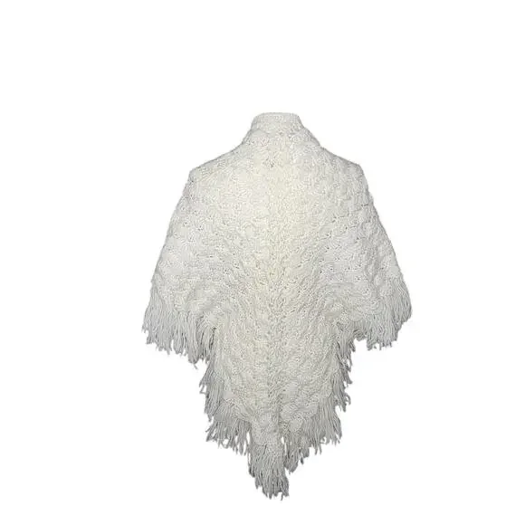 Vtg Off White Handmade Crochet Knit Boho Hippie Festival Prairie Shawl Fringe - Picture 4 of 6